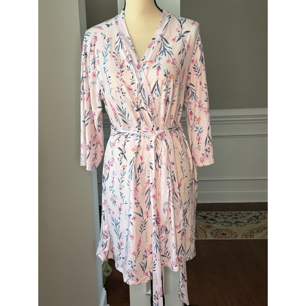 Laura Ashley Short Robe w/Attached Belt Pink Floral Sz M